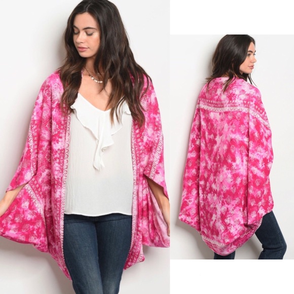 Pink Boho Print Dolman Sleeve Kimono - Picture 2 of 3